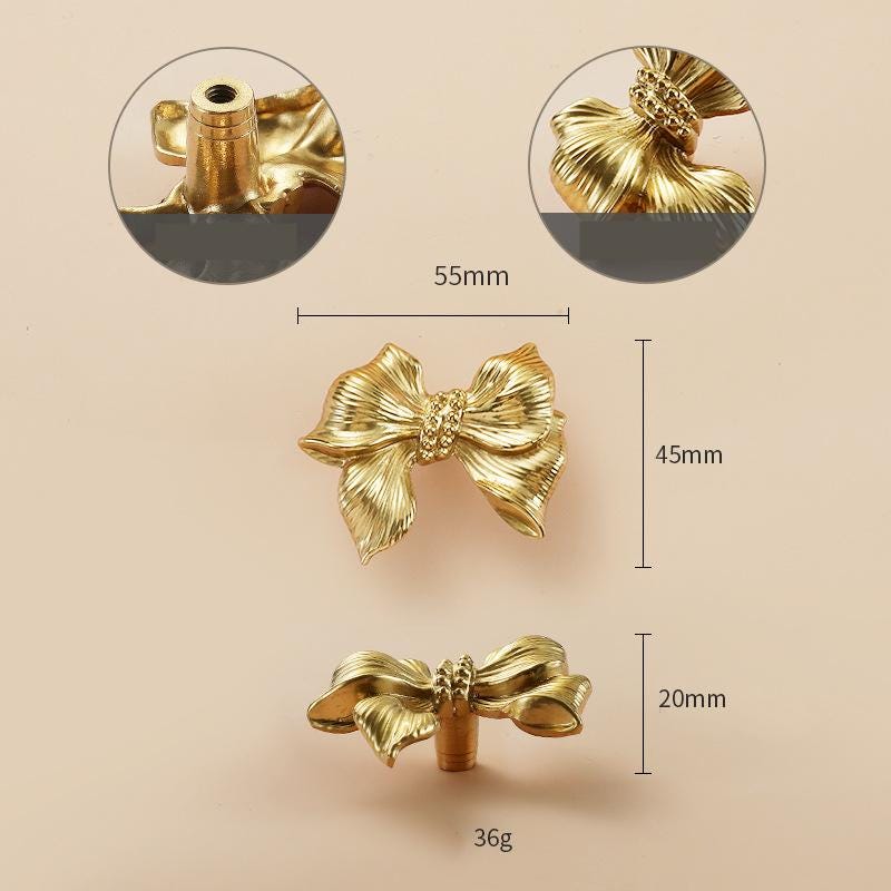 Solid Brass Bowknot Drawer Knob 20 55 mm 3/4 2 1/8 Inches Gold Color Kitchen Door Drawer Pull Furniture Hardware Wholesale