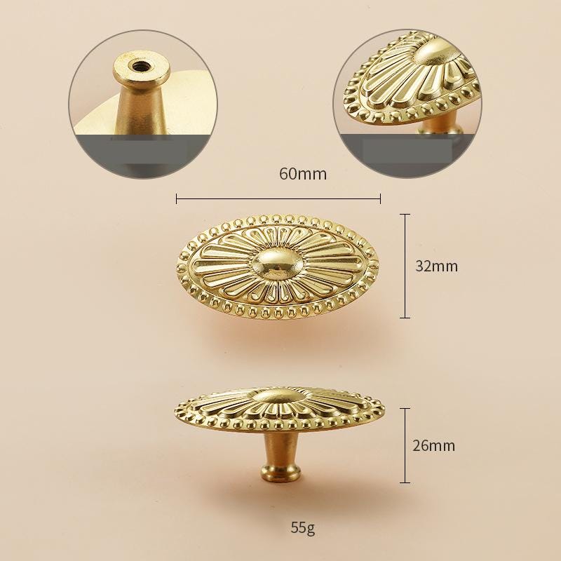 Solid Brass Oval Flower Drawer Knob 26 60 mm 1 2 3/8 Inches Gold Color Kitchen Door Drawer Pull Furniture Hardware Wholesale