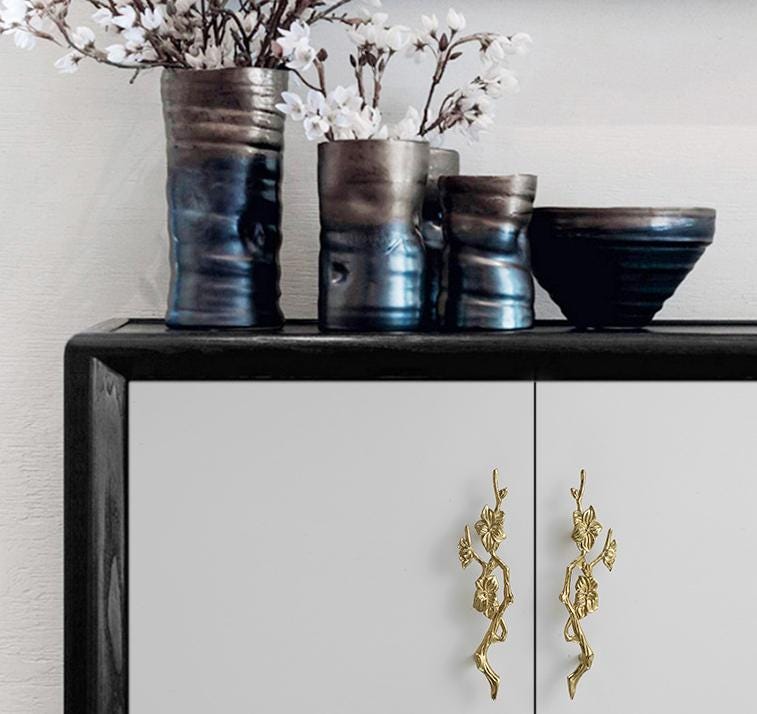 Solid Brass Flowering Branch Drawer Knob 45 176mm 1 3/4" 7" Brass Color Kitchen Door Drawer Pull Furniture Hardware Wholesale