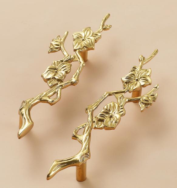 Solid Brass Flowering Branch Drawer Knob 45 176mm 1 3/4" 7" Brass Color Kitchen Door Drawer Pull Furniture Hardware Wholesale