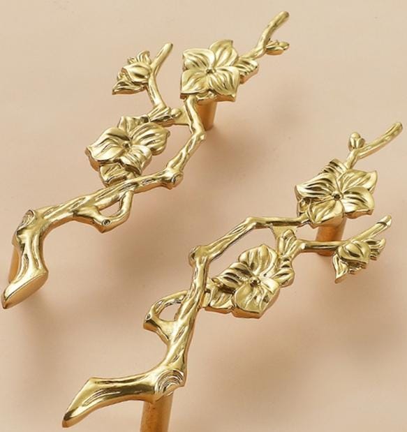 Solid Brass Flowering Branch Drawer Knob 45 176mm 1 3/4" 7" Brass Color Kitchen Door Drawer Pull Furniture Hardware Wholesale