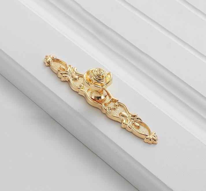 Solid Brass Flower With Leaves Drawer Knob 29 138 mm 1 1/8" 5 1/2" Gold Color Kitchen Door Drawer Pull Furniture Hardware Wholesale
