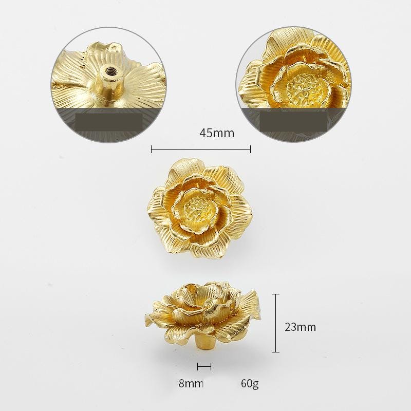 Solid Brass Flower Drawer Knob 35 45mm 1 3/8" 1 3/4" Gold Color Kitchen Door Drawer Pull Furniture Hardware Wholesale