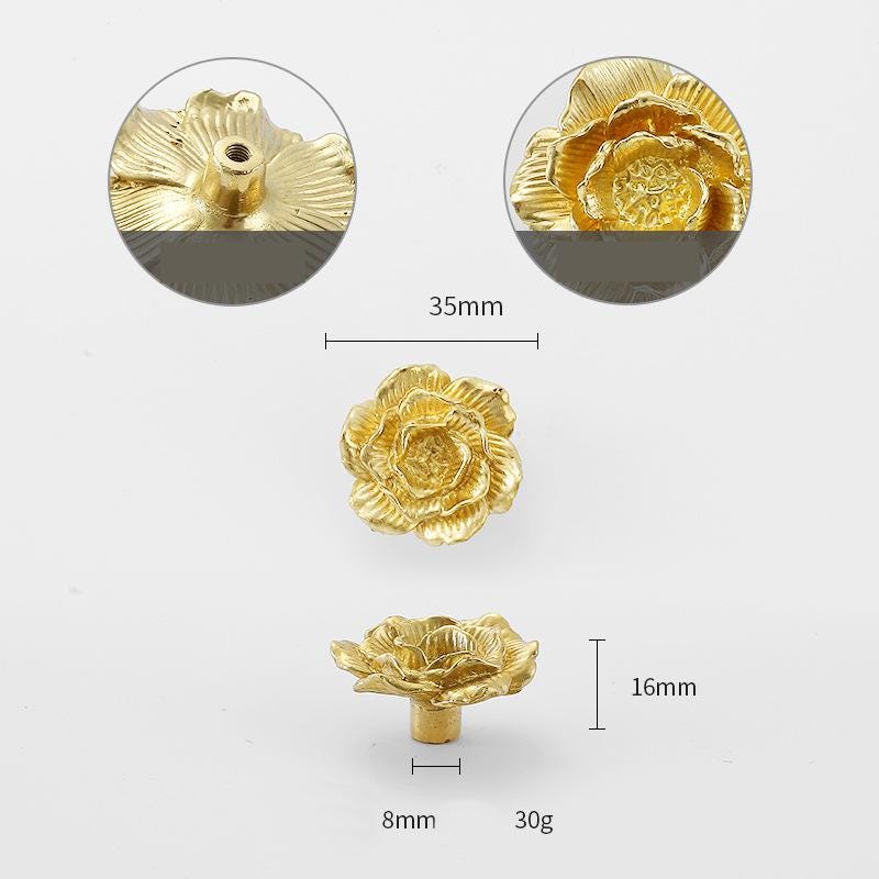 Solid Brass Flower Drawer Knob 35 45mm 1 3/8" 1 3/4" Gold Color Kitchen Door Drawer Pull Furniture Hardware Wholesale