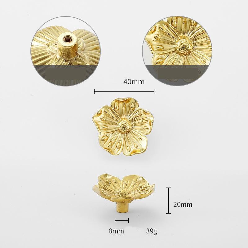 Solid Brass Flower Drawer Knob 20 40mm 3/4" 1 5/8" Gold Color Kitchen Door Drawer Pull Furniture Hardware Wholesale