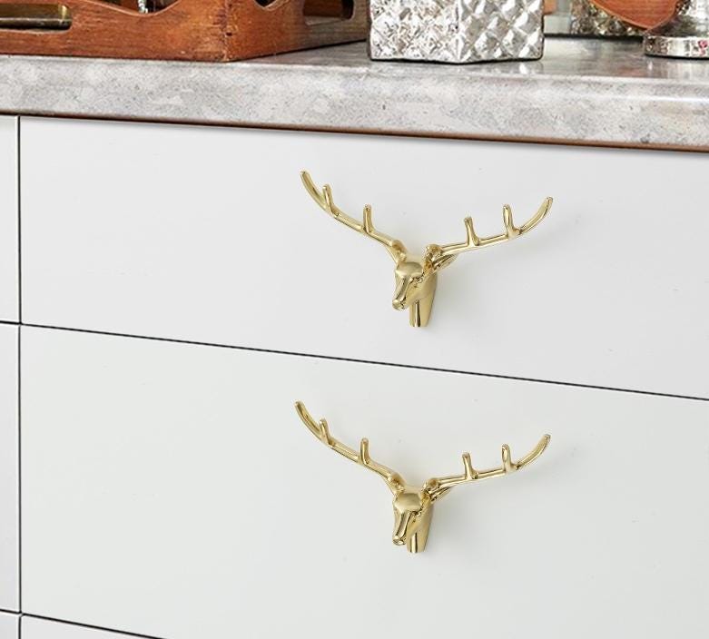 Solid Brass Deer Drawer Knob 83 145 mm 3 1/4" 5 3/4" Gold Color Kitchen Door Drawer Pull Furniture Hardware Wholesale