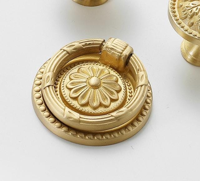 Solid Brass Flower Drop Ring Drawer Pull Knob Door Knocker 13 48 mm 1/2" 7/8" Gold Color Kitchen Furniture Hardware Wholesale Bulk