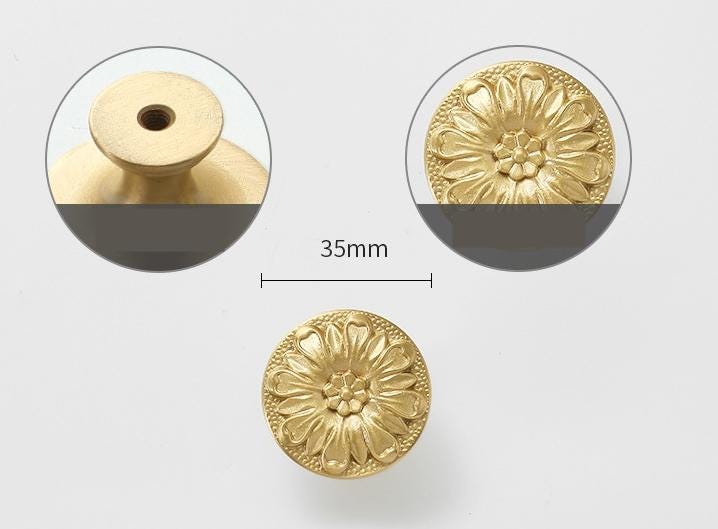 Solid Brass Flower Drawer Knob 25 35 mm 1 1 3/8 Inches Gold Color Kitchen Door Drawer Pull Furniture Hardware Wholesale