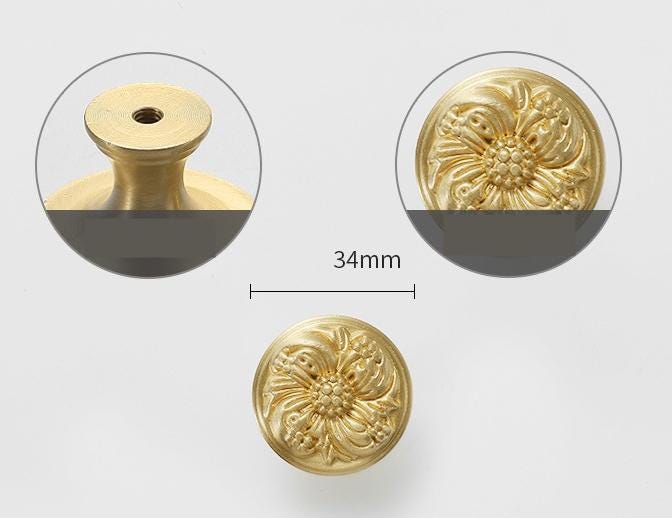 Solid Brass Flower Drawer Knob 30 34 mm 1 1/8 1 3/8 Inches Gold Color Kitchen Door Drawer Pull Furniture Hardware Wholesale