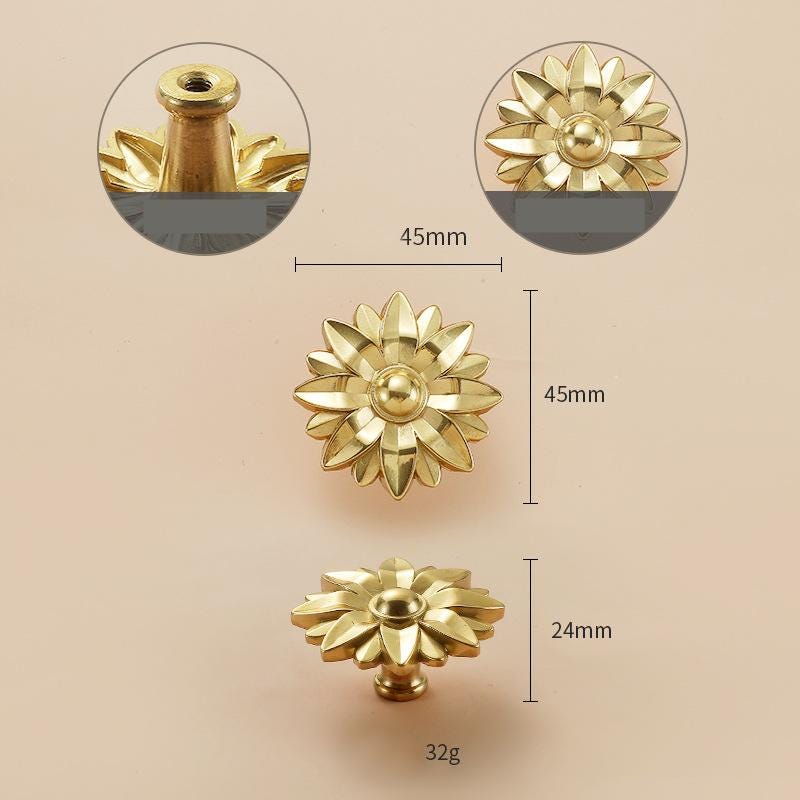 Solid Brass Flower Drawer Knob 24 45 mm 1 1 3/4 Inches Gold Color Kitchen Door Drawer Pull Furniture Hardware Wholesale