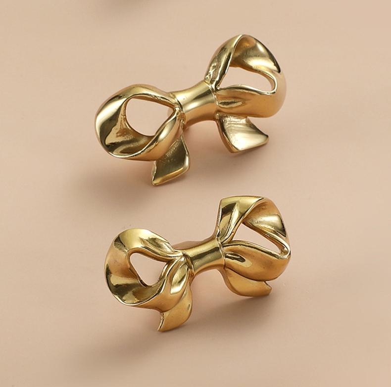 Solid Brass Bowknot Drawer Knob 48 55 mm 1 7/8 2 1/8 Inches Gold Color Kitchen Door Drawer Pull Furniture Hardware Wholesale