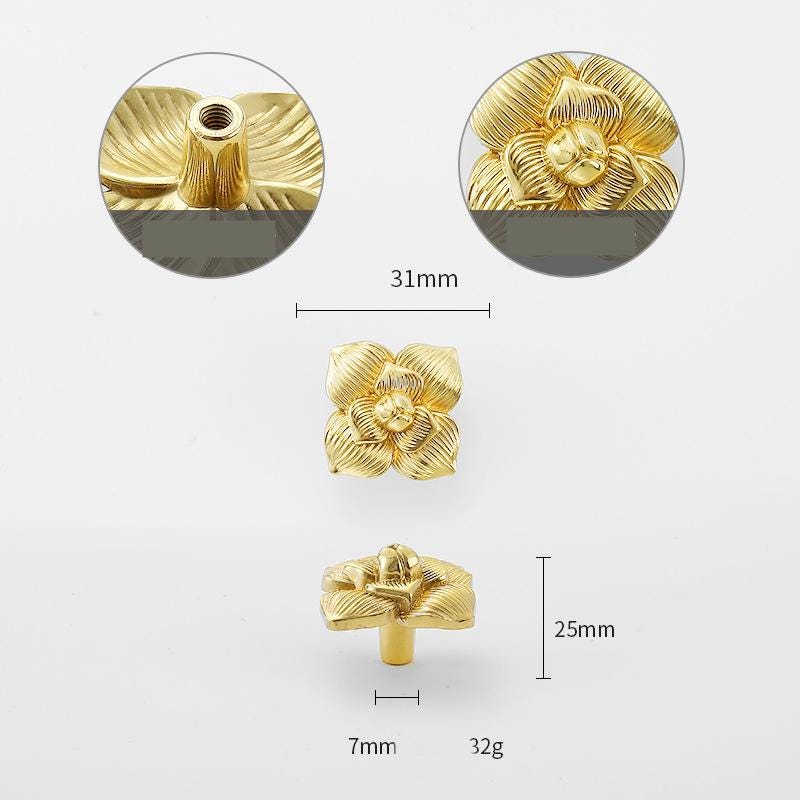 Solid Brass Flower Drawer Knob 25 31mm 1" 1 1/4" Gold Color Kitchen Door Drawer Pull Furniture Hardware Wholesale