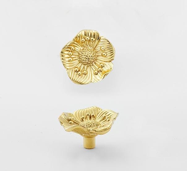 Solid Brass Flower Drawer Knob 22 44mm 7/8" 1 3/4" Gold Color Kitchen Door Drawer Pull Furniture Hardware Wholesale