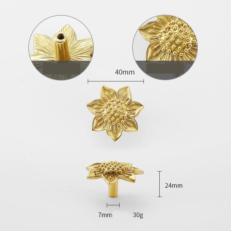 Solid Brass Flower Drawer Knob 24 40mm 1" 1 5/8" Gold Color Kitchen Door Drawer Pull Furniture Hardware Wholesale