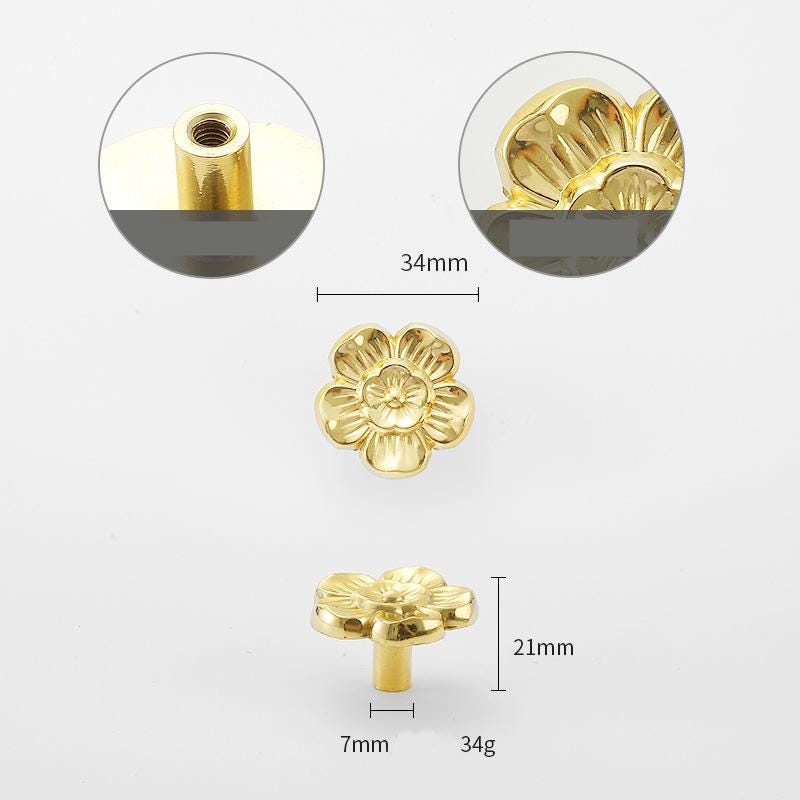 Solid Brass Flower Drawer Knob 24 34mm 1" 1 3/8" Gold Color Kitchen Door Drawer Pull Furniture Hardware Wholesale