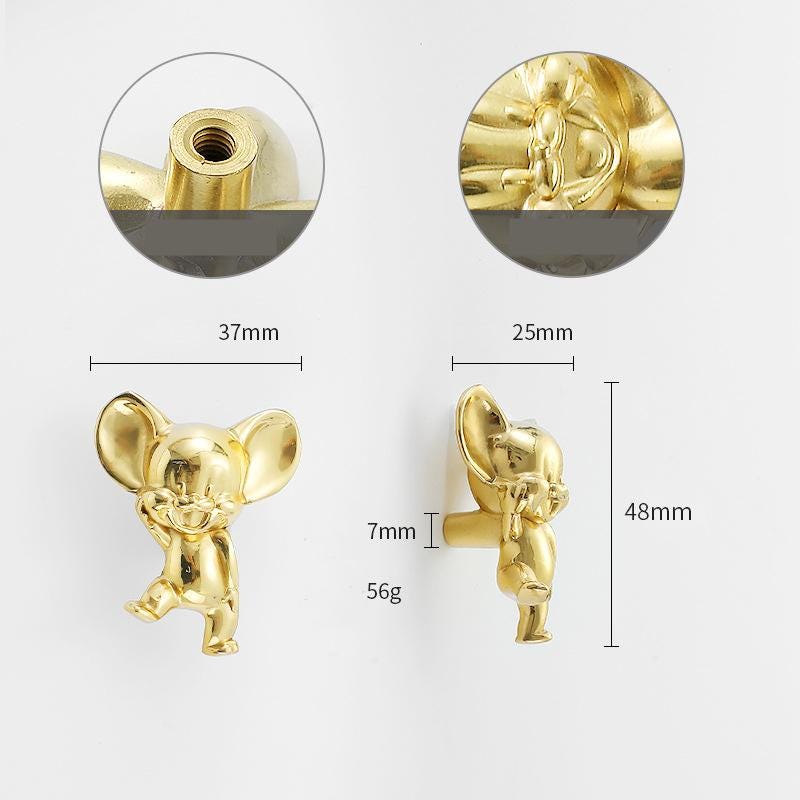 Gold Plated Mouse Drawer Knob 1" 2" Nursery Kids Boys Girls Room Decor Jungle Safari Cabinet Dresser Wardrobe Solid Brass Playroom Hardware