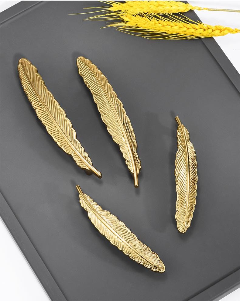 Solid Brass Feather Drawer Pull Handle 129 163mm 5 1/8" 6 1/2" Gold Color Kitchen Door Drawer Pull Furniture Hardware Wholesale