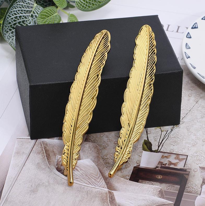 Solid Brass Feather Drawer Pull Handle 129 163mm 5 1/8" 6 1/2" Gold Color Kitchen Door Drawer Pull Furniture Hardware Wholesale
