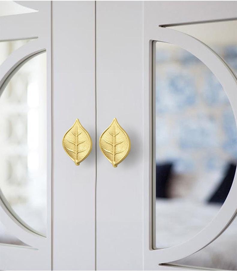 Solid Brass Leaf Drawer Knob 16 34mm 5/8" 1 3/8" Gold Color Kitchen Door Drawer Pull Furniture Hardware Wholesale