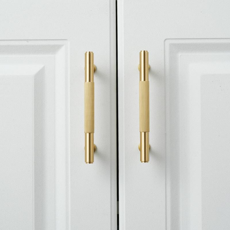 Luxury Gold Solid Brass Cabinet Handles Modern Minimalist Art Deco Drawer Pulls with Knurled Texture for Kitchens Wardrobes  Dressers