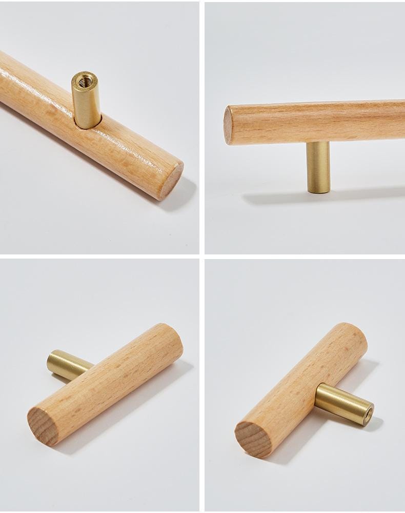Scandinavian Japandi Wood & Brass Cabinet Handles Minimalist Eco-Friendly Drawer Pulls Knobs for Modern Kitchens Wardrobes Dressers