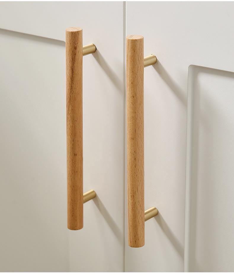 Scandinavian Japandi Wood & Brass Cabinet Handles Minimalist Eco-Friendly Drawer Pulls Knobs for Modern Kitchens Wardrobes Dressers
