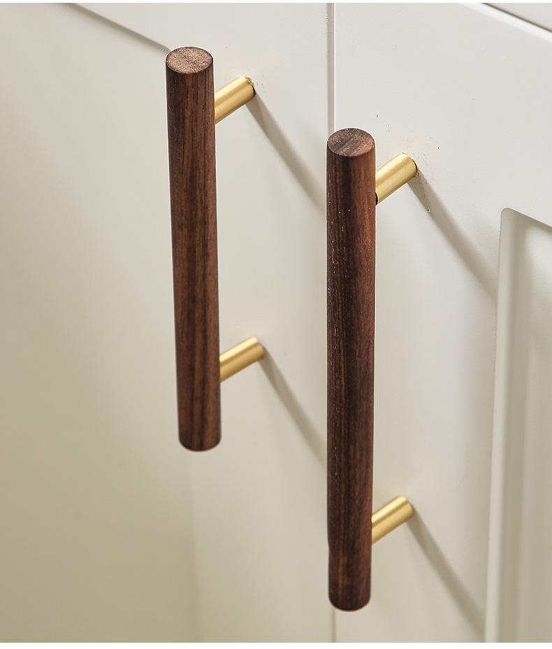 Dark Wood Cabinet Handles Knobs Walnut Pulls Solid Brass Base Scandinavian Japandi Modern Kitchen Bathroom Bedroom Drawer Decor Hardware