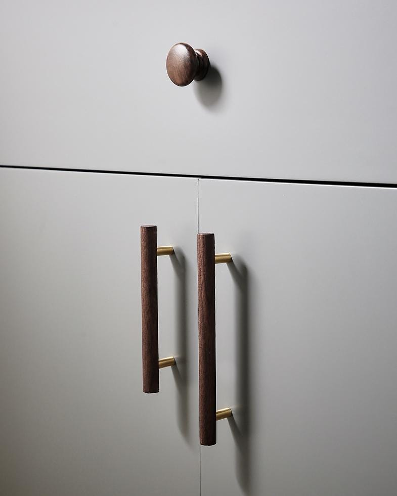 Dark Wood Cabinet Handles Knobs Walnut Pulls Solid Brass Base Scandinavian Japandi Modern Kitchen Bathroom Bedroom Drawer Decor Hardware