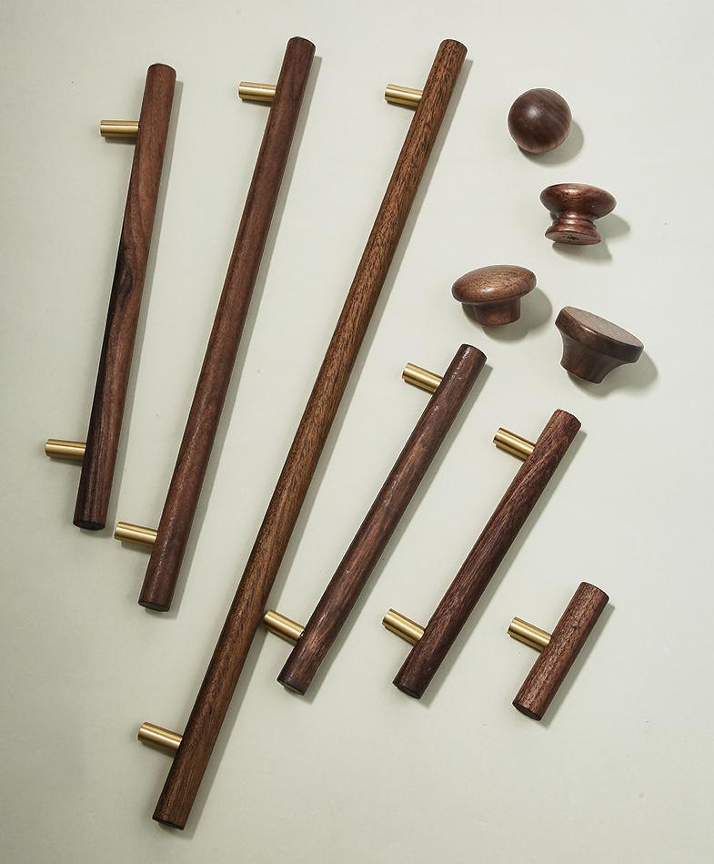 Dark Wood Cabinet Handles Knobs Walnut Pulls Solid Brass Base Scandinavian Japandi Modern Kitchen Bathroom Bedroom Drawer Decor Hardware