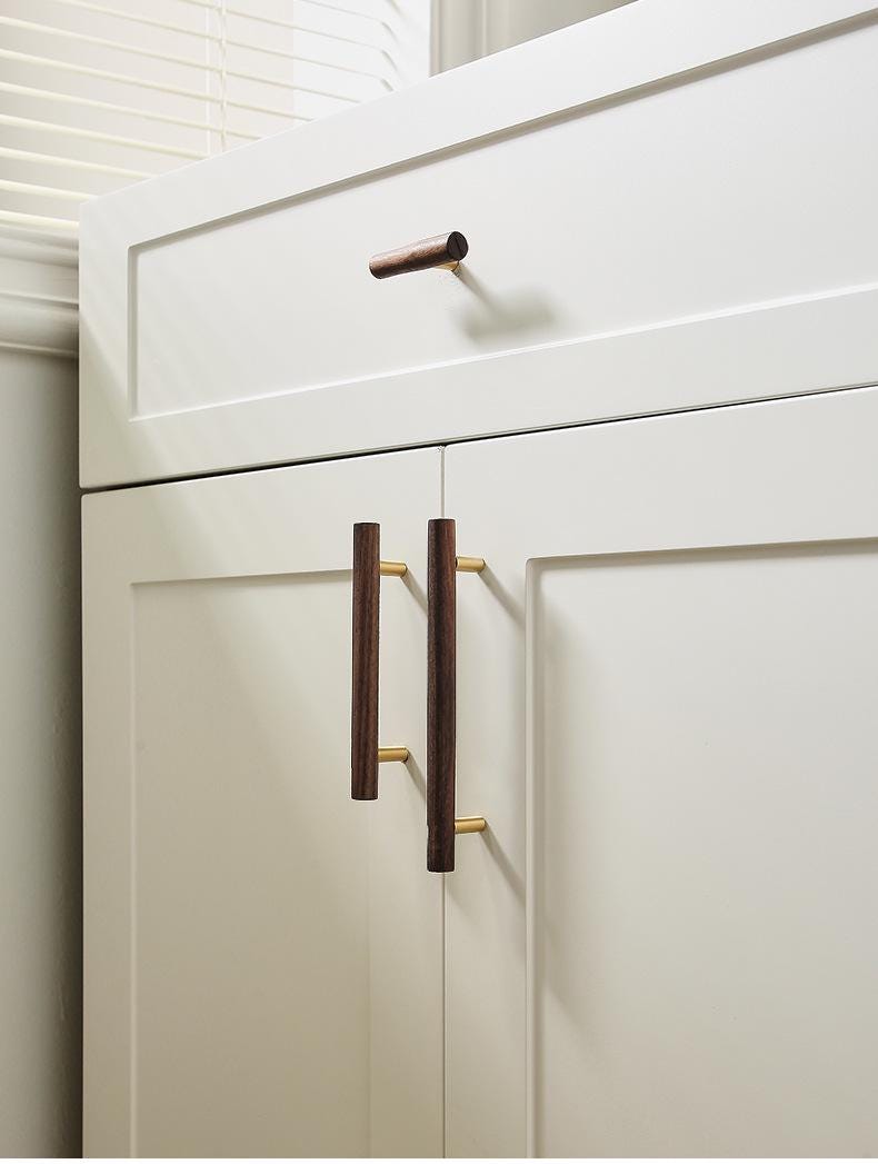 Dark Wood Cabinet Handles Knobs Walnut Pulls Solid Brass Base Scandinavian Japandi Modern Kitchen Bathroom Bedroom Drawer Decor Hardware