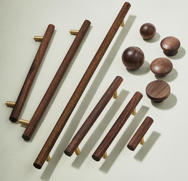 Dark Wood Cabinet Handles Knobs Walnut Pulls Solid Brass Base Scandinavian Japandi Modern Kitchen Bathroom Bedroom Drawer Decor Hardware