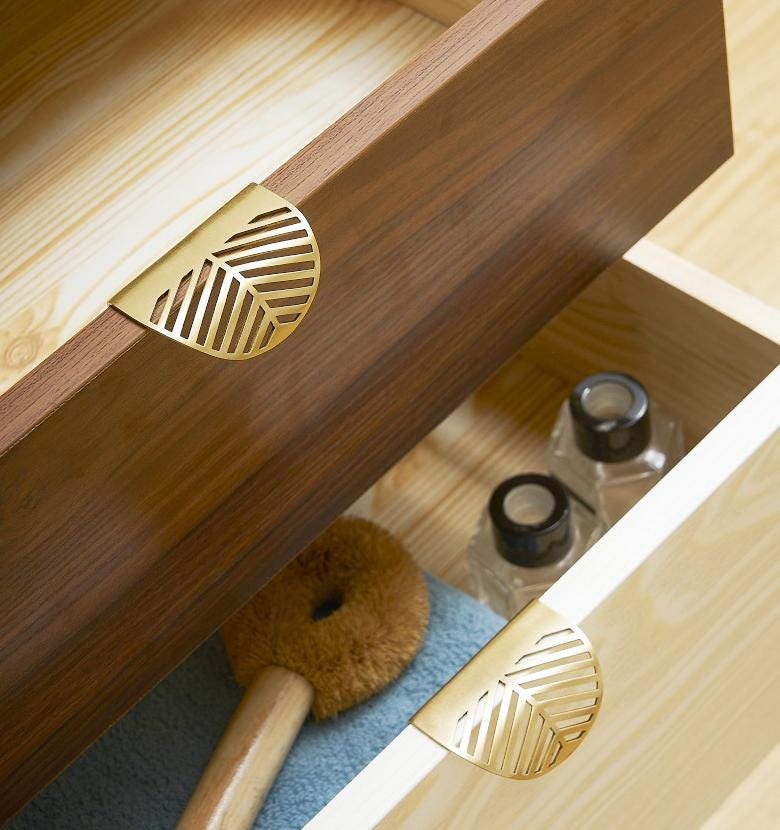 Modern Solid Brass Drawer Pulls Art Deco Minimalist Cutout Cabinet Handles Gold Half Moon Leaf Kitchen Bathroom Cupboard Bedroom Dresser