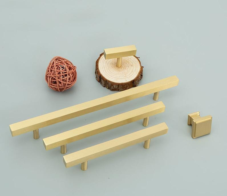 Modern Gold Solid Brass Cabinet Handles Knobs Set Minimalist Brass Pulls Kitchen Drawer Wardrobe Furniture Loft Style