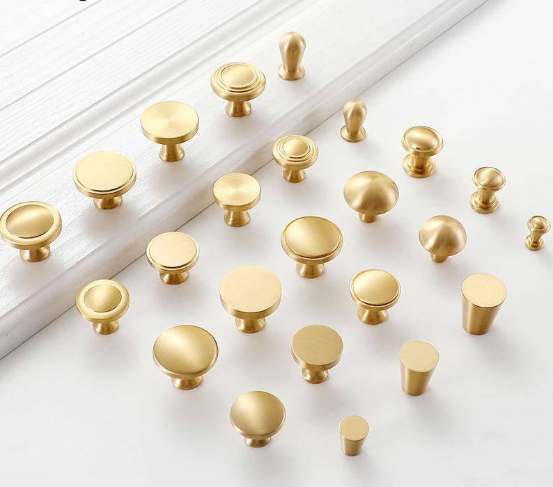 Minimalist Brushed Gold Solid Brass Cabinet Knobs Modern Solid Brass Drawer Pulls Round Conical Mushroom Shapes Any Interior Style