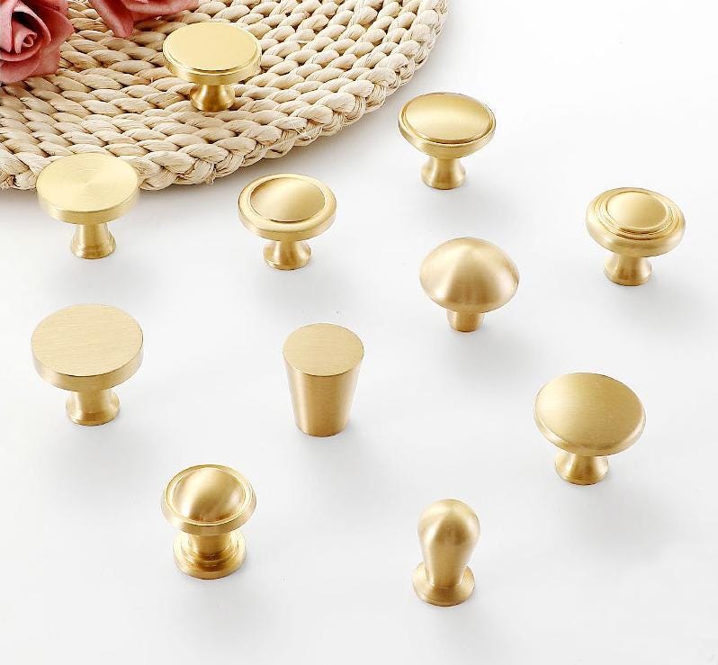 Minimalist Brushed Gold Solid Brass Cabinet Knobs Modern Solid Brass Drawer Pulls Round Conical Mushroom Shapes Any Interior Style