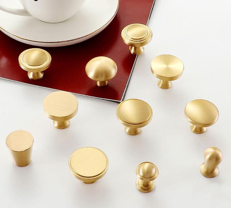 Minimalist Brushed Gold Solid Brass Cabinet Knobs Modern Solid Brass Drawer Pulls Round Conical Mushroom Shapes Any Interior Style