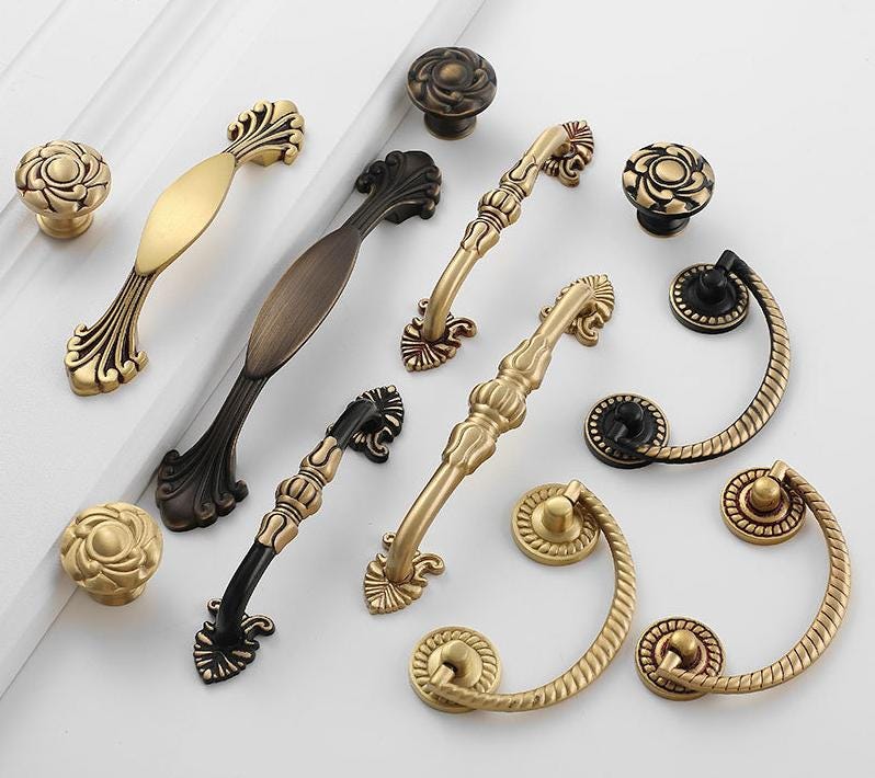 Vintage Baroque Cabinet Pulls Knobs Solid Brass Antique Gold Drawer Handles Floral Accents Dresser Kitchen Bedroom Furniture Restoration