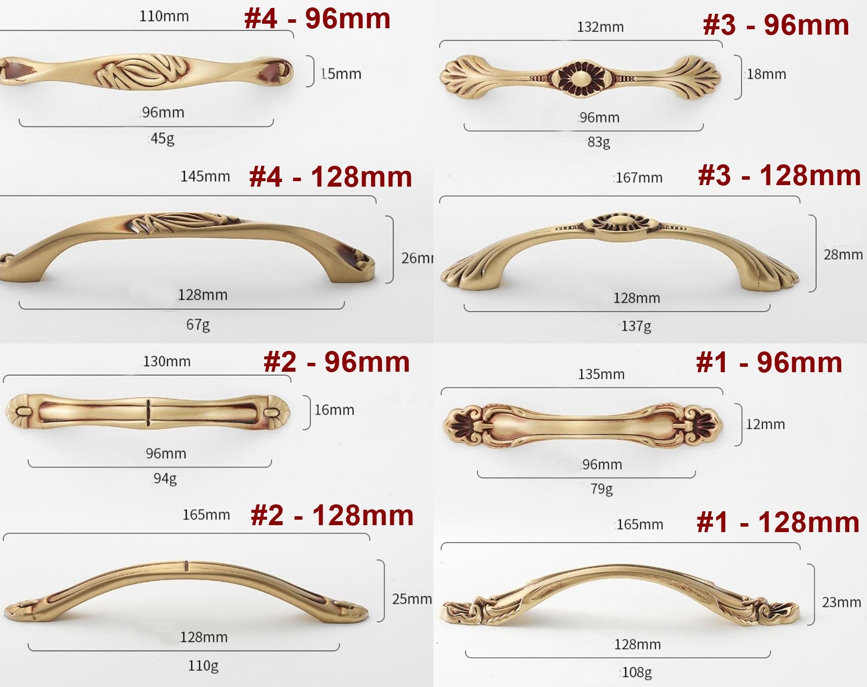 Solid Brass Floral Cabinet Pulls & Knobs - Antique Bronze Finish - #2 - 96mm / 1pc