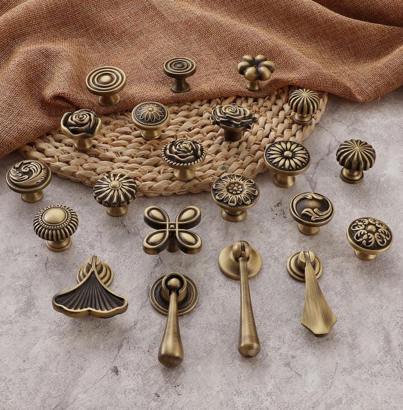 Solid Brass Floral Cabinet Pulls & Knobs - Art Deco Hardware - #9 - 27mm / 1pc