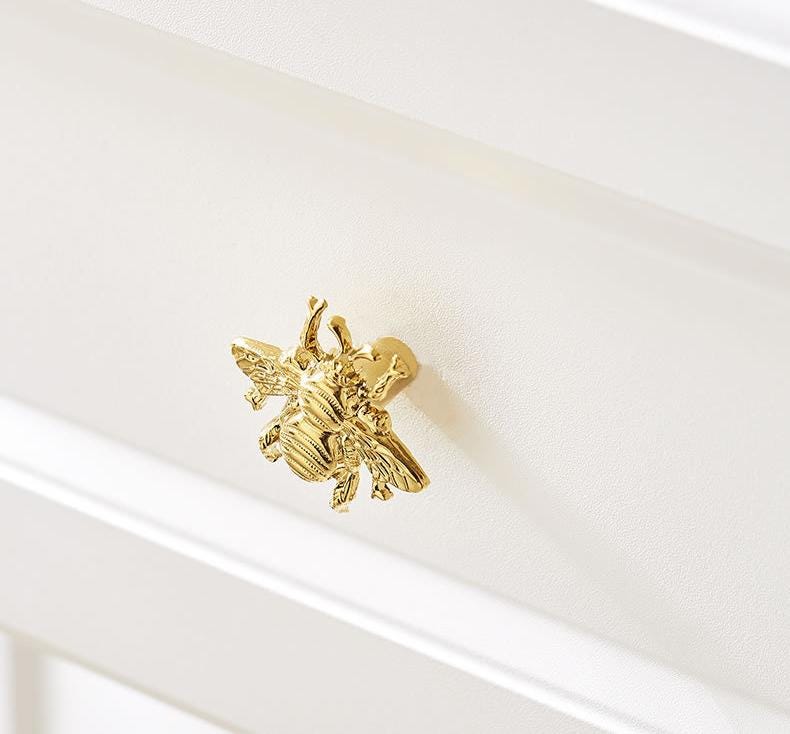 Gold Bee Solid Brass Drawer Knobs Cute Insect Cabinet Handles Kids Room Nursery Nature-Inspired Furniture Decor