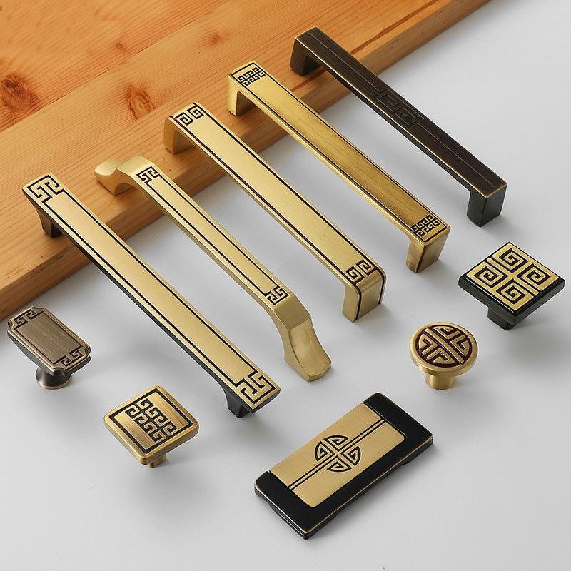 Oriental Style Solid Brass Cabinet Handles Knobs Chinese Pattern Brass Drawer Pulls Gold Black Kitchen Furniture Decor