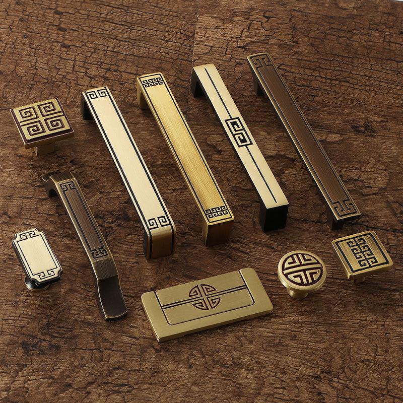 Oriental Style Solid Brass Cabinet Handles Knobs Chinese Pattern Brass Drawer Pulls Gold Black Kitchen Furniture Decor