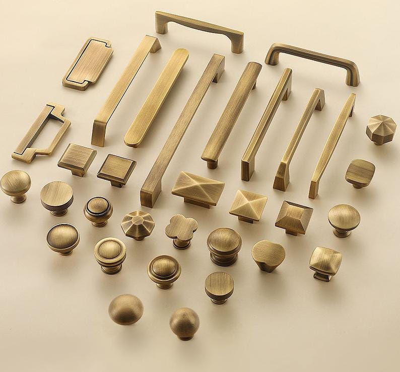 Matte Vintage Drawer Pulls Knobs Aged Solid Brass Modern Minimalist Kitchen Bedroom Cabinet Handles Contemporary Scandinavian Loft Interiors