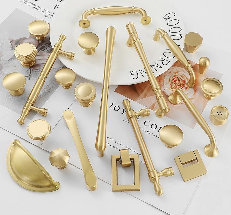 Matte Gold Cabinet Knobs & Pulls Solid Brass Modern Neo-Classic Handles Kitchen Cupboard Dresser Wardrobe Closet Bathroom Luxury Home Decor