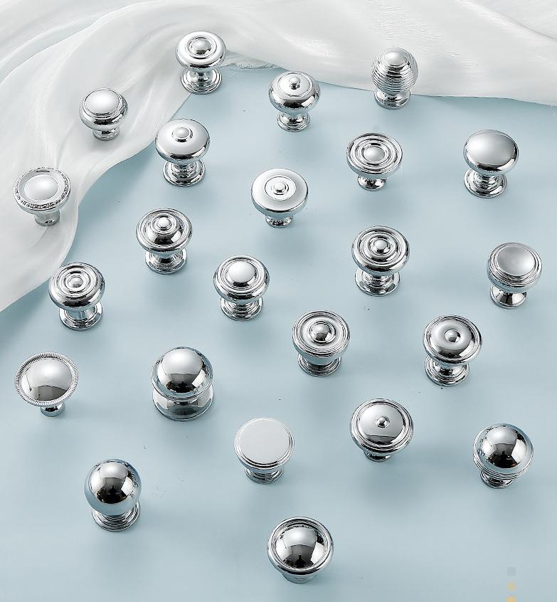 Chrome Solid Brass Cabinet Knobs Polished Silver Drawer Pulls Modern Minimalist High-Tech Interiors Round Knobs Kitchen Dresser