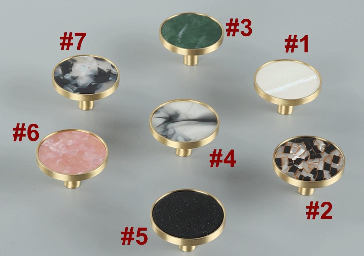 Luxury Modern Resin Cabinet Solid Brass Knobs Marble Terrazzo Glitter Inlays Gold Round Pulls Drawers Furniture Doors
