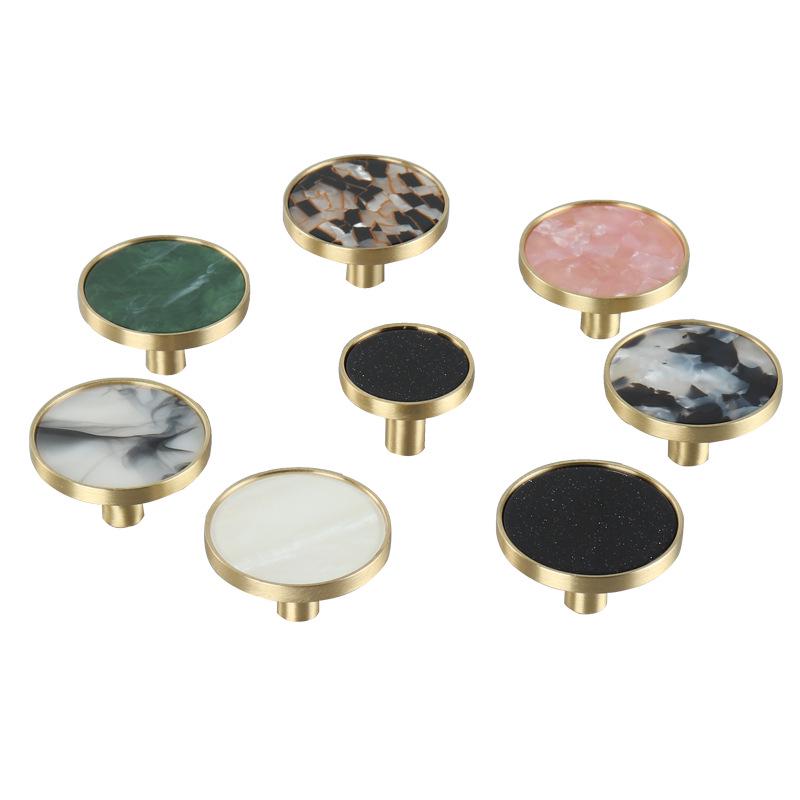 Luxury Modern Resin Cabinet Solid Brass Knobs Marble Terrazzo Glitter Inlays Gold Round Pulls Drawers Furniture Doors