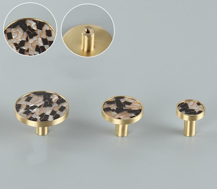 Luxury Modern Resin Cabinet Solid Brass Knobs Marble Terrazzo Glitter Inlays Gold Round Pulls Drawers Furniture Doors