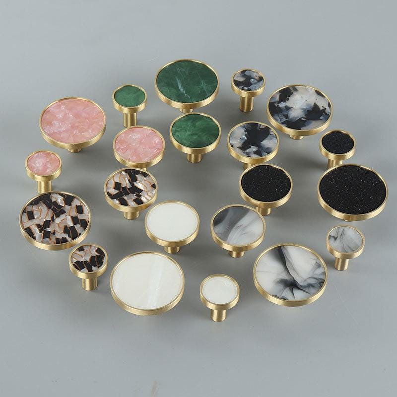 Luxury Modern Resin Cabinet Solid Brass Knobs Marble Terrazzo Glitter Inlays Gold Round Pulls Drawers Furniture Doors