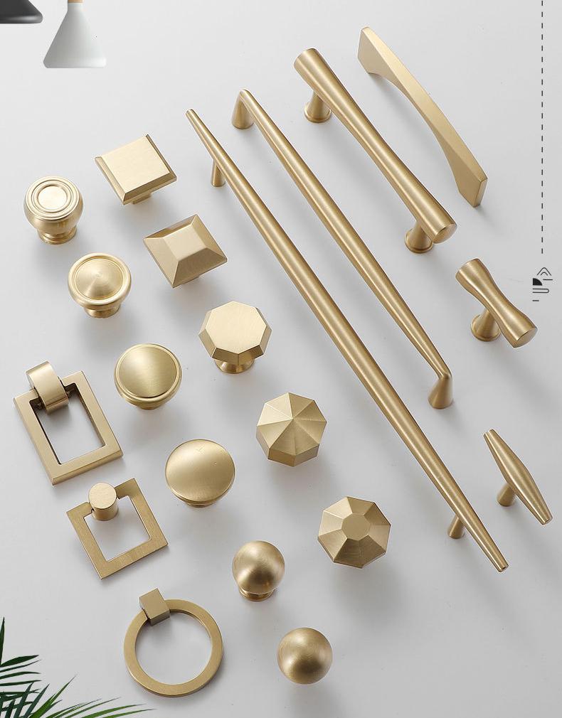 Matte Gold Solid Brass Cabinet Handles Knobs Set Modern Minimalist Scandinavian Drawer Pulls Kitchen Dresser Bathroom Furniture Makeover